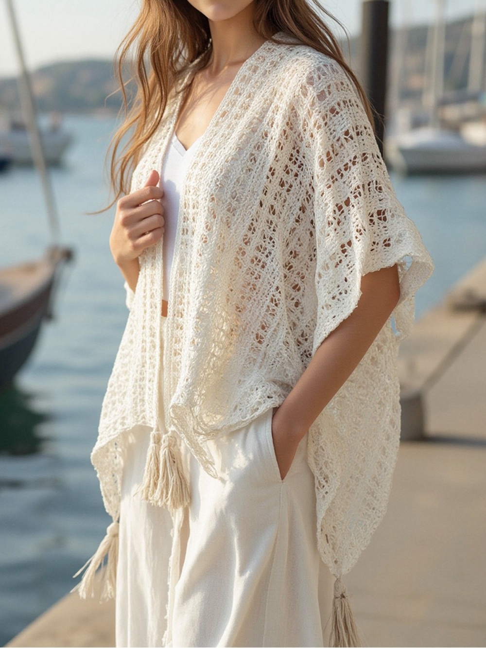 ♥️Openwork Tassel Open Front Knit Beach Cover-Up Poncho-Cream
